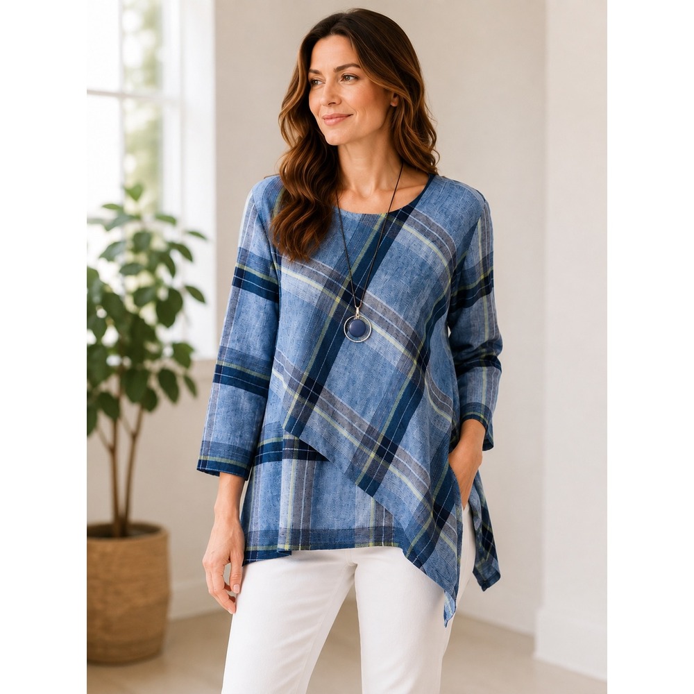 Habitat Blue Plaid Linen Tunic Top Asymmetrical Hem Lagenlook Boho Small